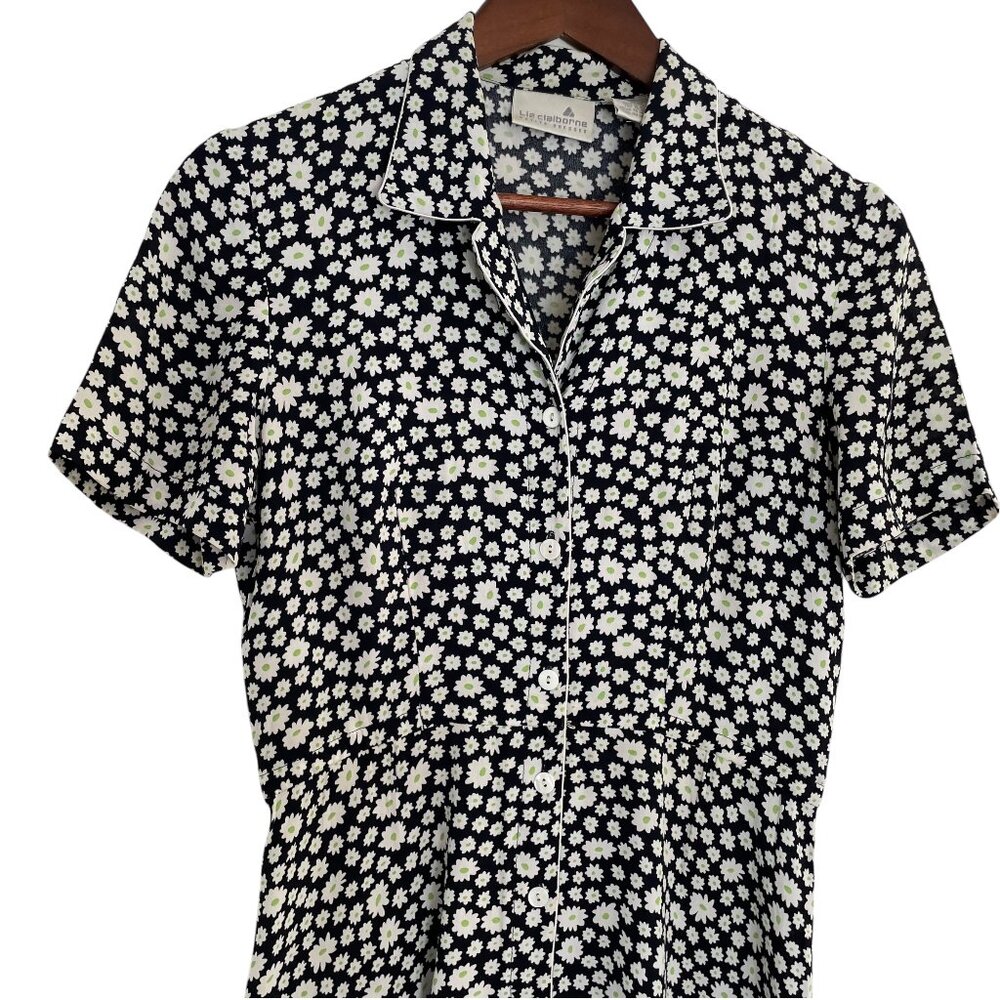 Vintage 90s Liz Claiborne Maxi Shirt Dress 6P 6 Petite Black Daisy Ditsy Floral